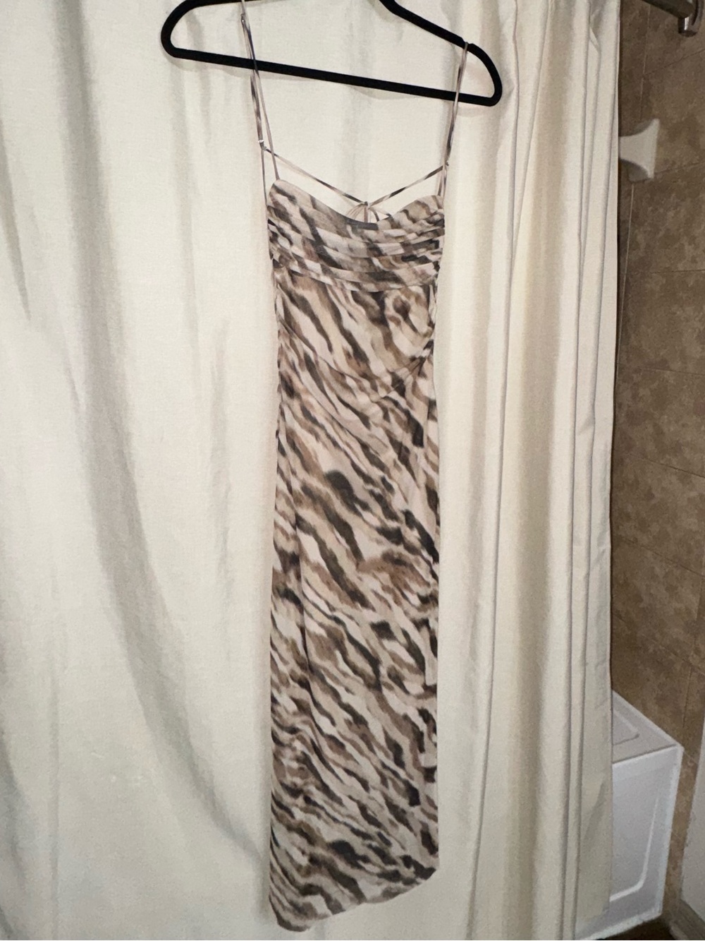 Zara Neutral Animal Print Striped low back Slip Dress- Beige Brown Black